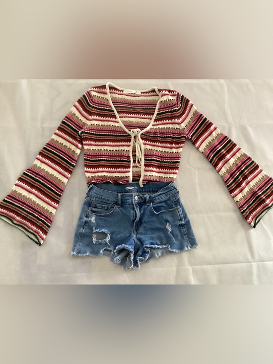 Altar'd State Sweaters - Altar'd State Pink Cream Brown Striped Crochet Tie-Front V-Neck Sweater Top #15
